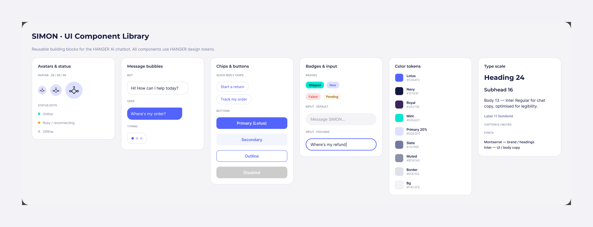 SIMON UI component library: avatars, message bubbles, chips, buttons, badges, colors, and type