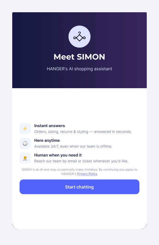 Meet SIMON screen disclosing it is an AI assistant