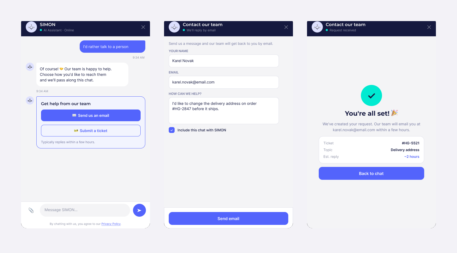 Human handoff flow: choose email or ticket, contact form, and ticket confirmation