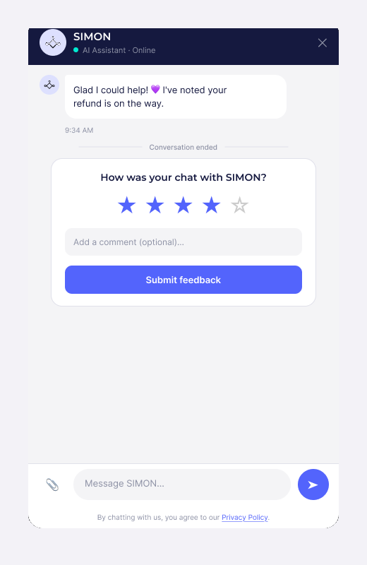 Conversation resolved screen with a star rating