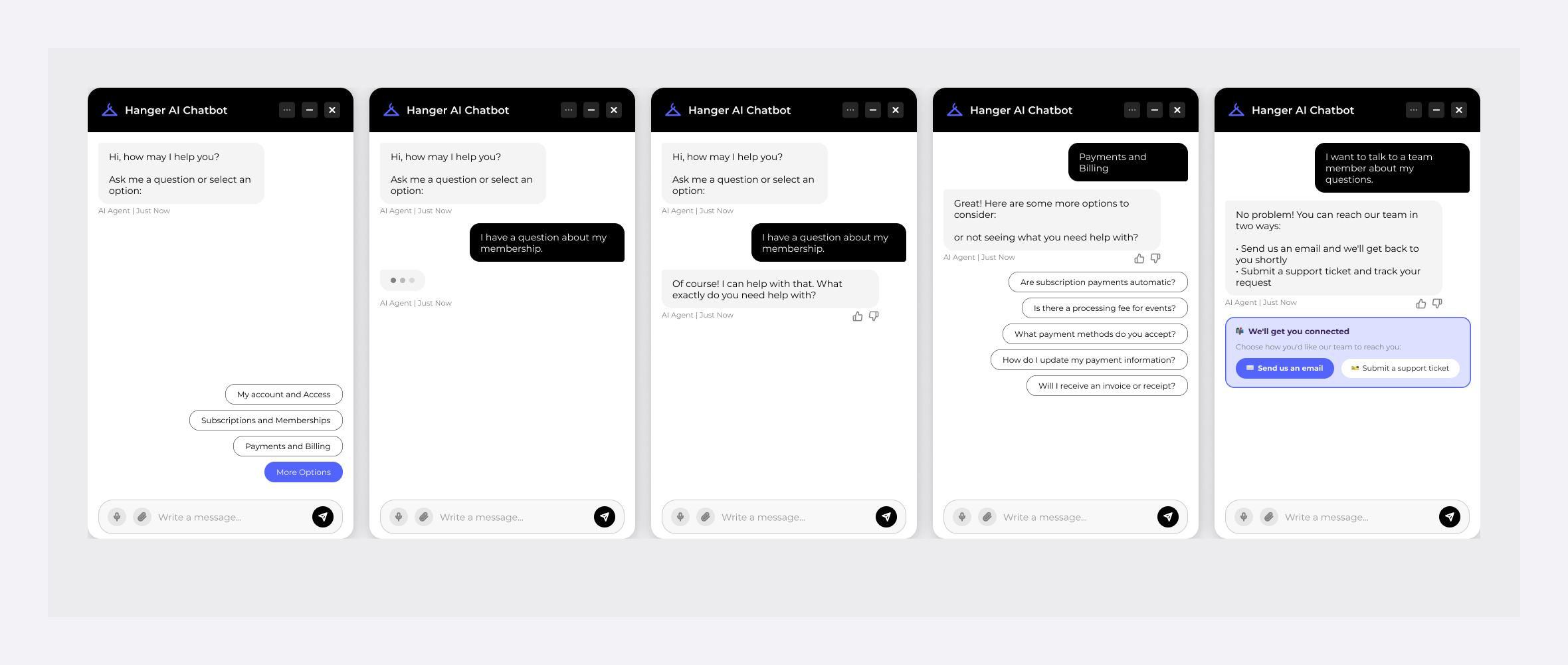 SIMON chatbot flow: welcome, topic selection, answer, and human handoff screens