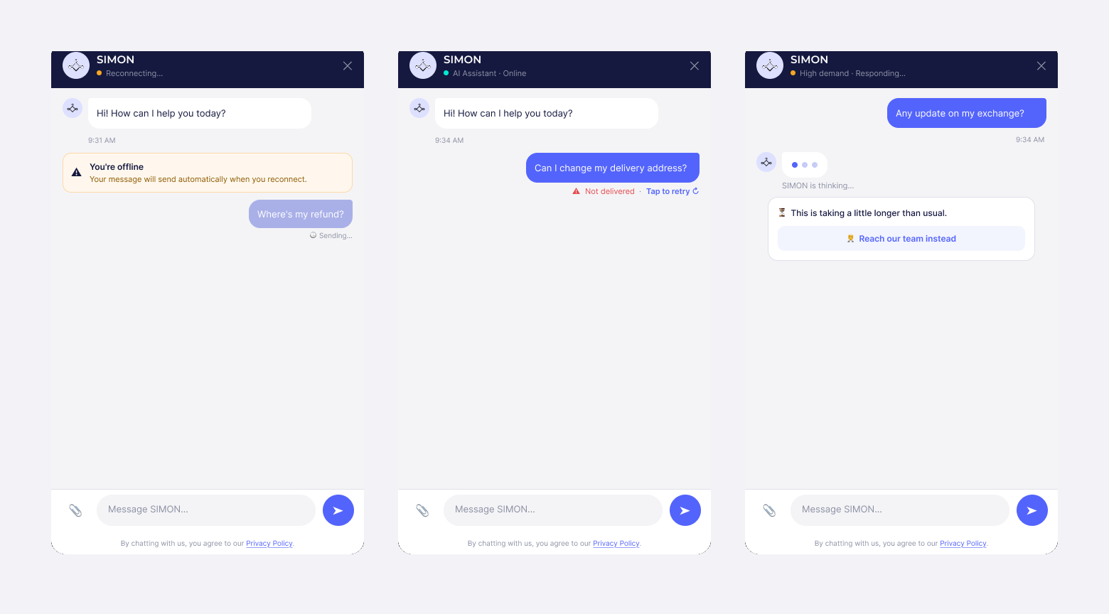 SIMON edge cases: offline reconnecting, message failed with retry, and slow response states