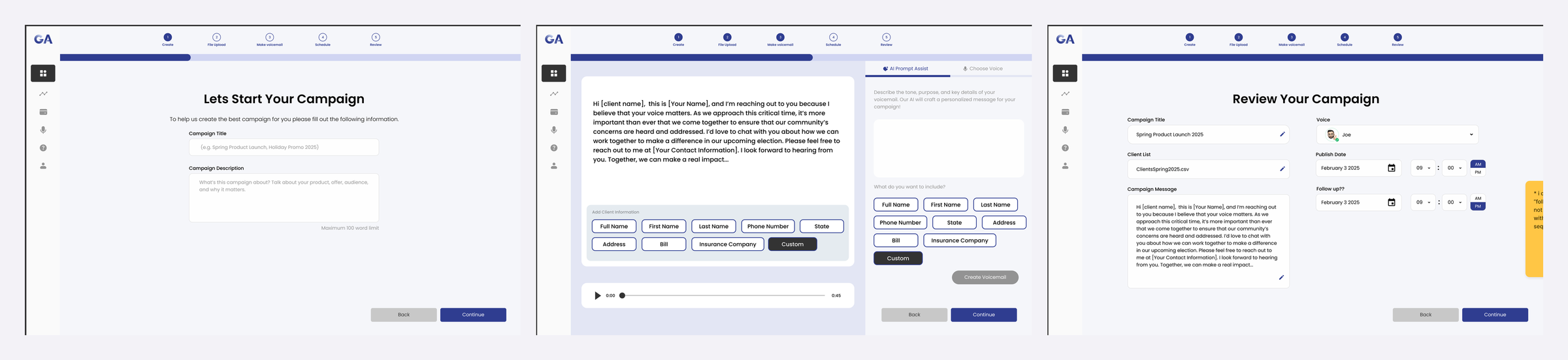 Gabriel AI campaign creation screens: start a campaign, AI Prompt Assist, and review
