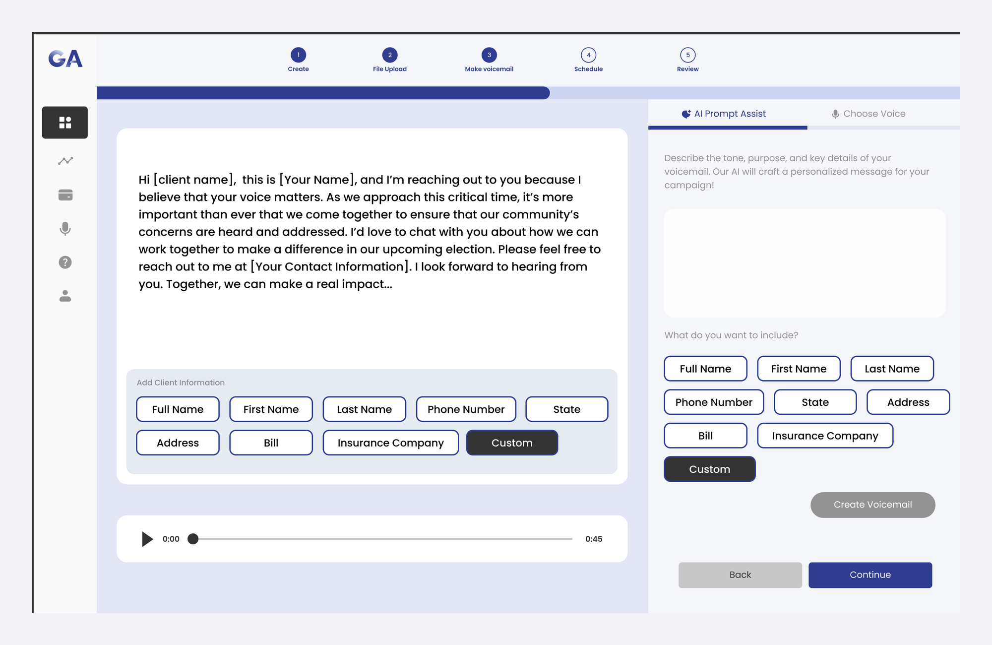 Make Voicemail step with an editable AI-written script, personalization chips, and AI Prompt Assist