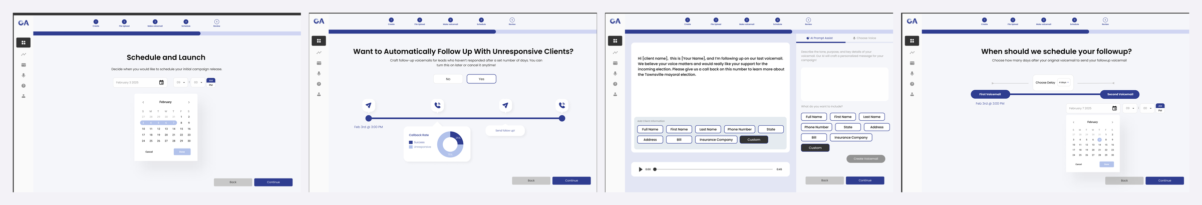 Schedule, automatic follow-up option, follow-up message, and follow-up scheduling screens