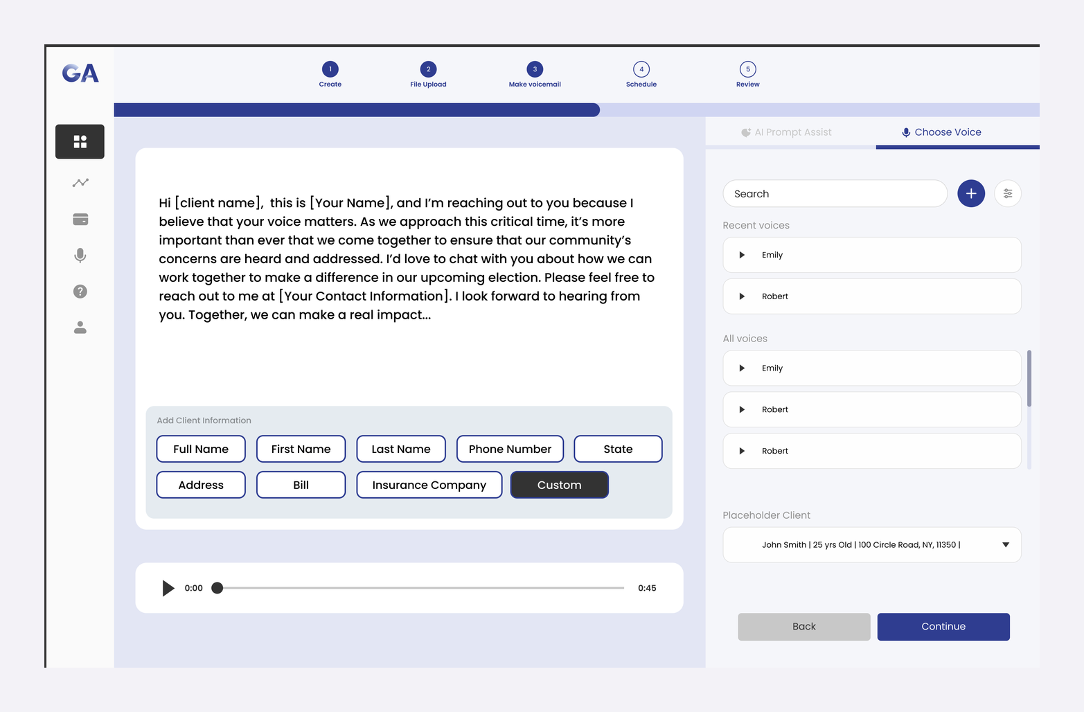 Choose Voice panel with recent and saved voices