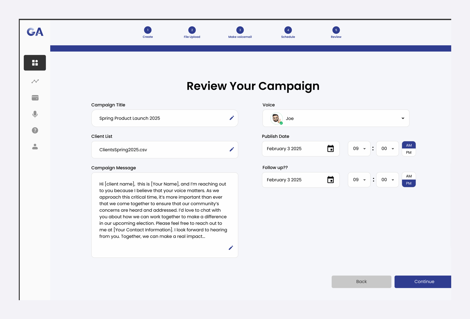 Review Your Campaign screen with editable fields