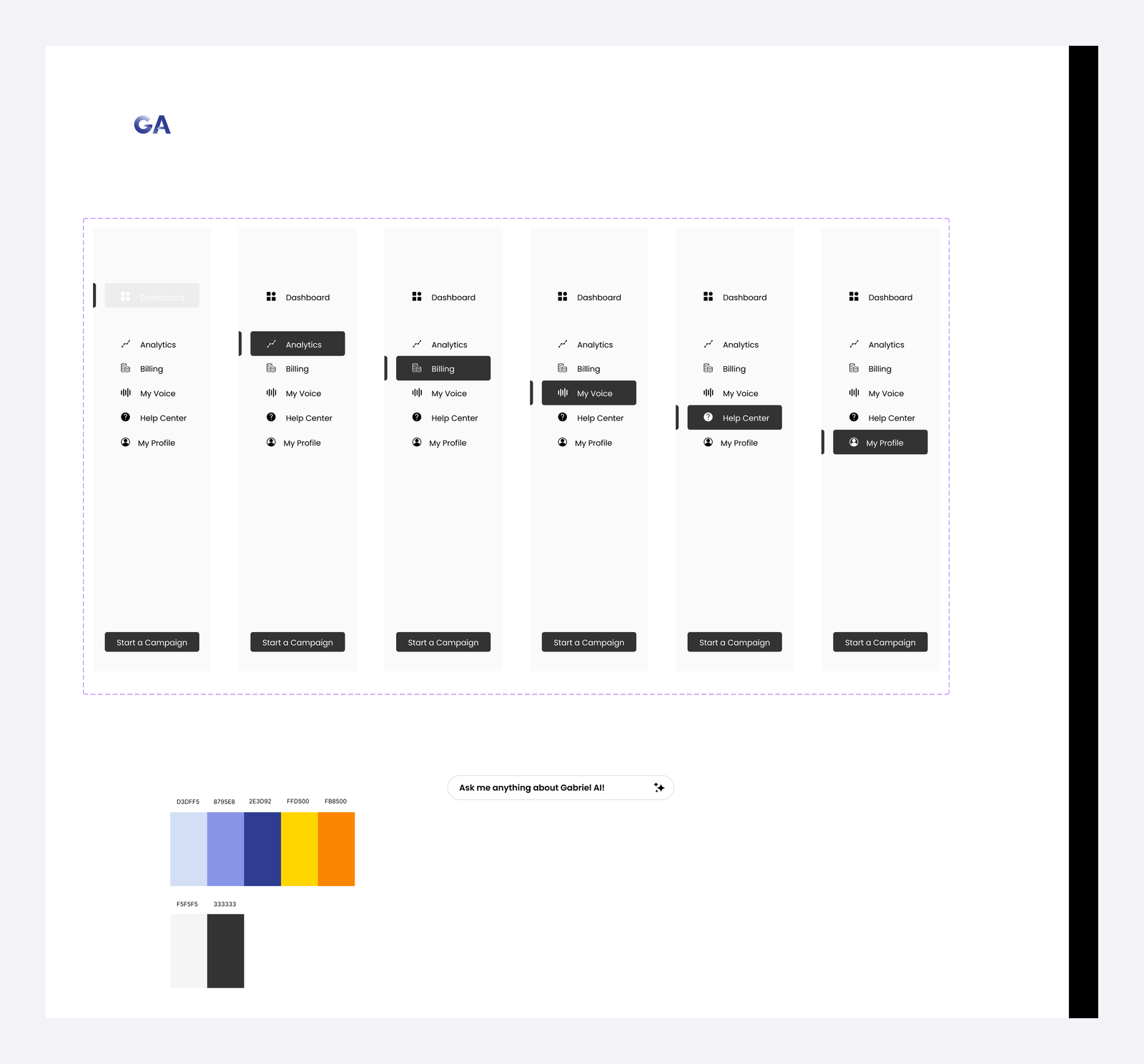 Gabriel AI rebrand: GA logo, side navigation states, and color palette