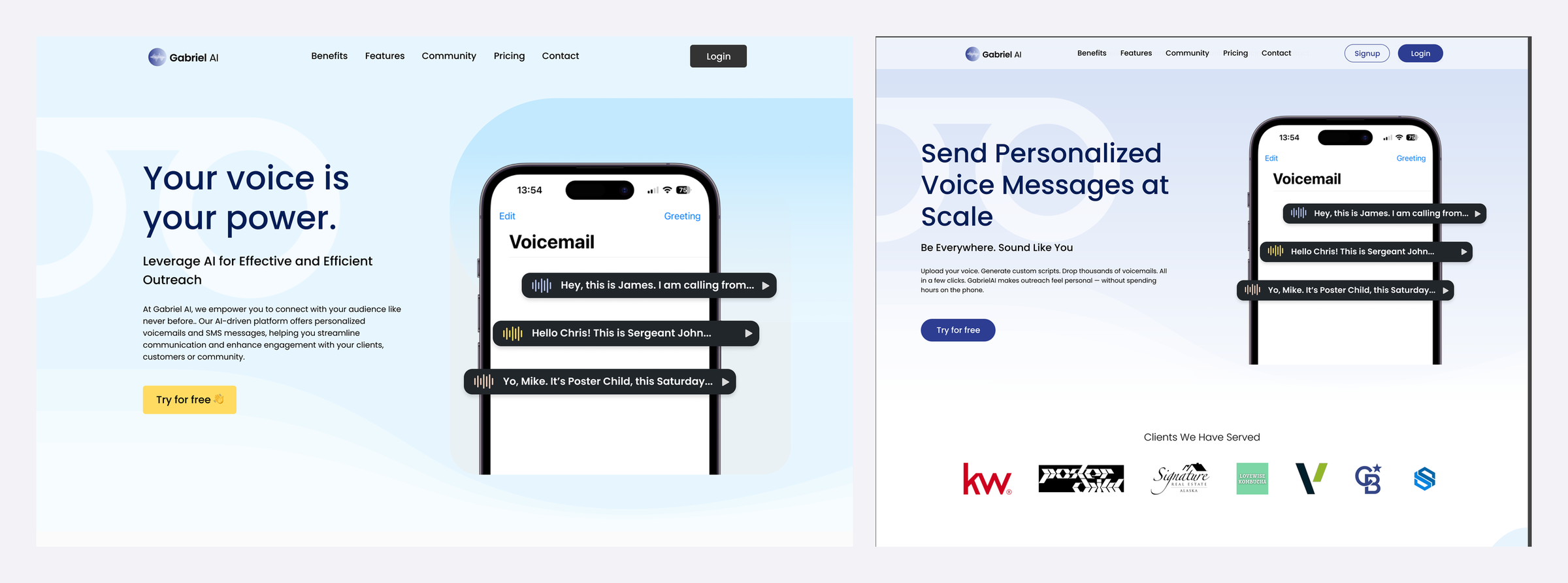 Gabriel AI landing page before and after the redesign