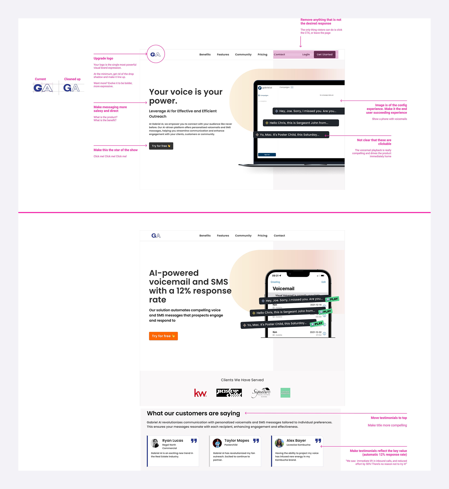Annotated feedback on Gabriel AI's original landing page