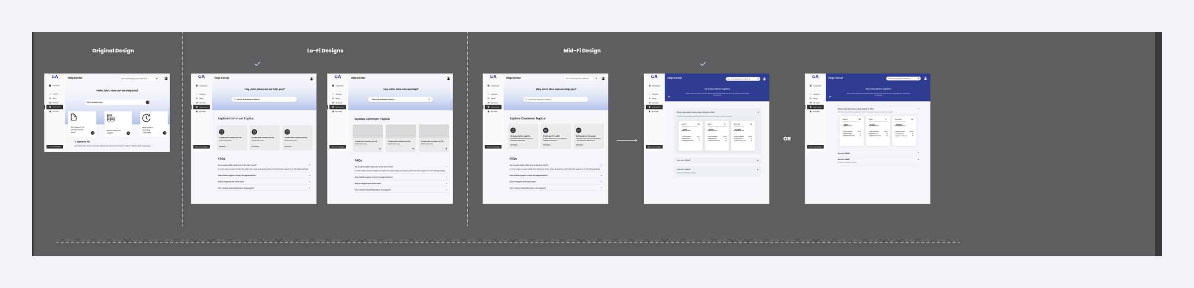 Help Center iterations from original design through lo-fi and mid-fi
