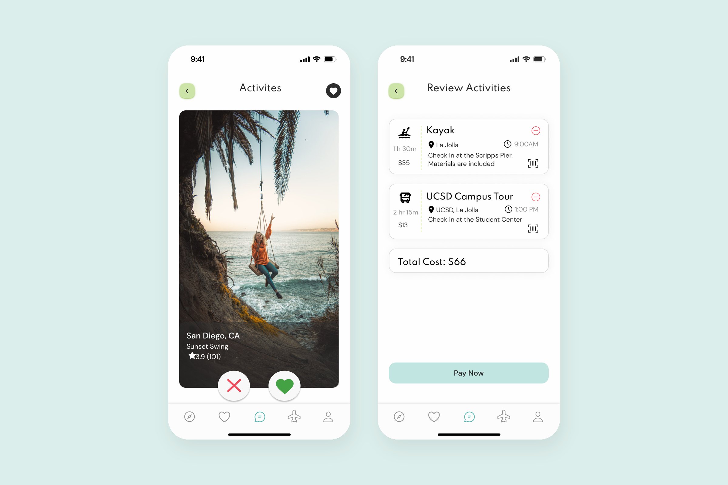 Activity swipe card and a review screen with prices and total cost
