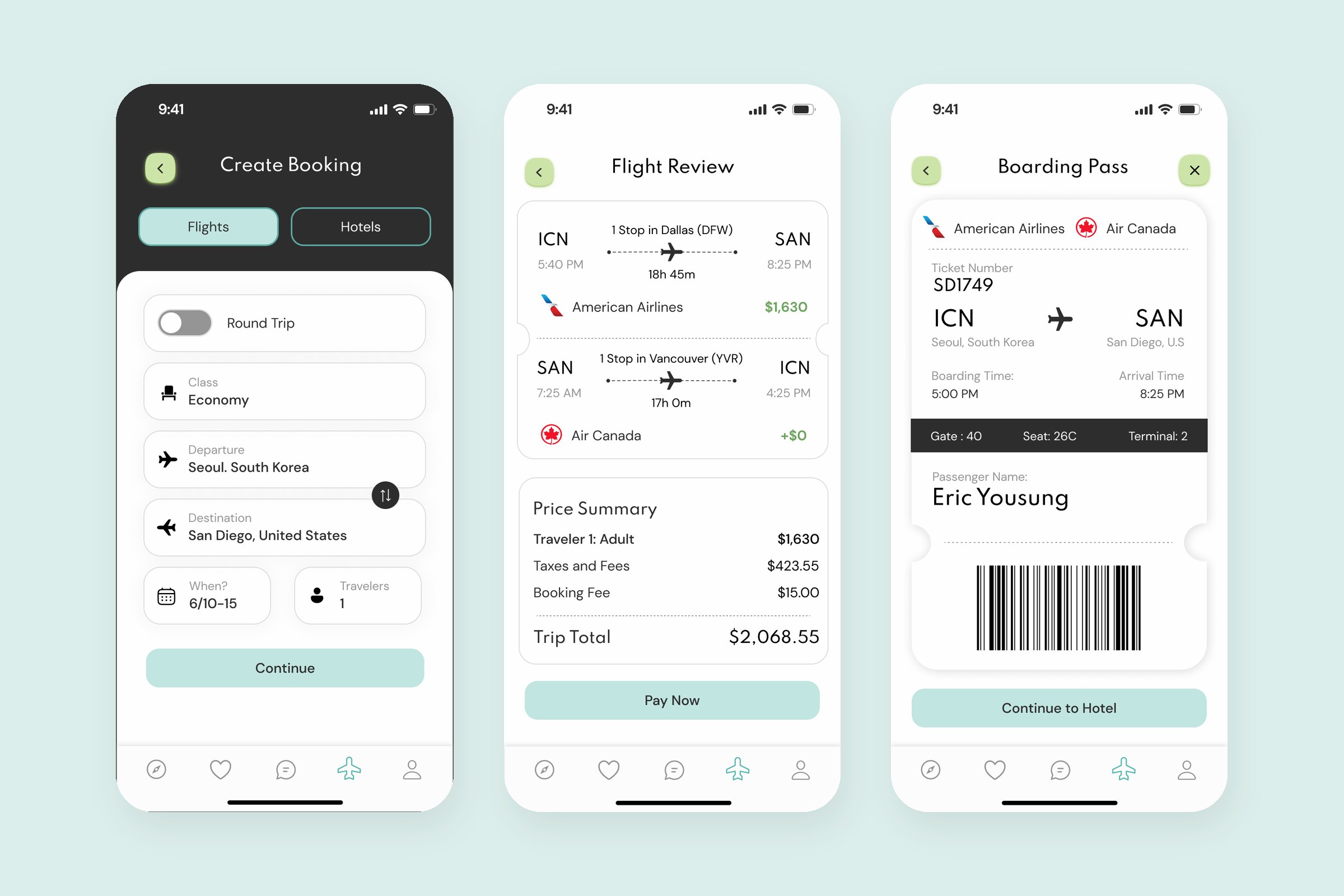 Flight booking form, flight review with price summary, and boarding pass