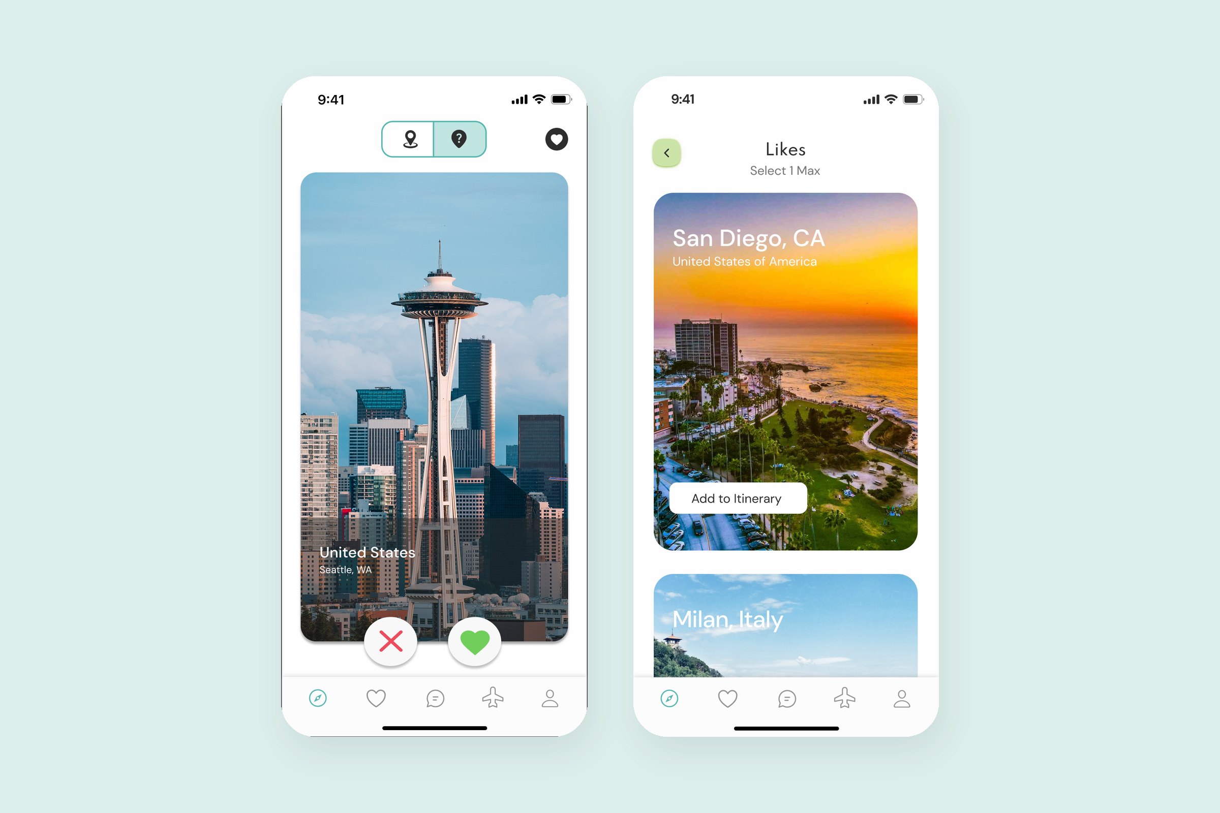 Destination swipe card for Seattle and a Likes screen with Add to itinerary