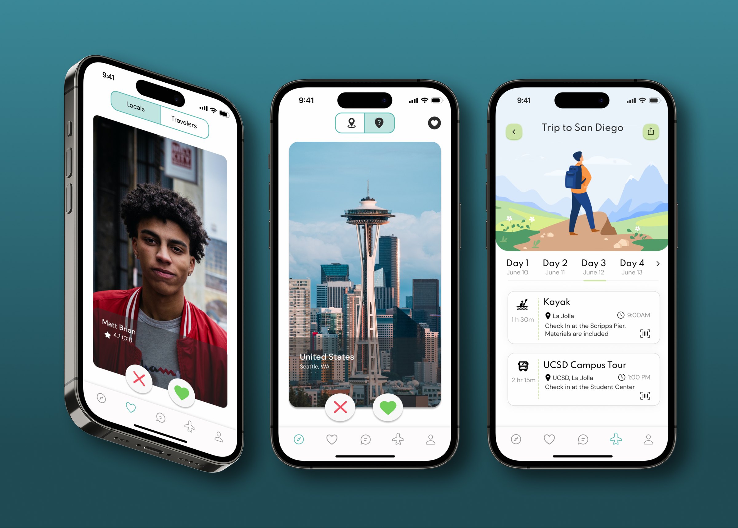 Jimoto 2.0 screens: swiping on a local, swiping on Seattle, and a day-by-day San Diego itinerary