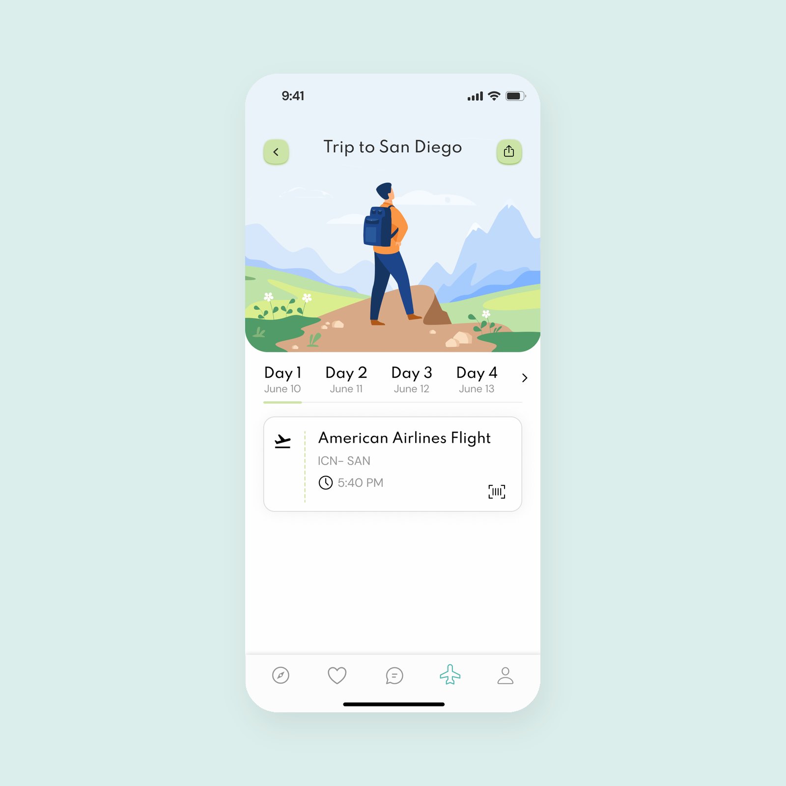 Jimoto 2.0 trip itinerary screen organized by day