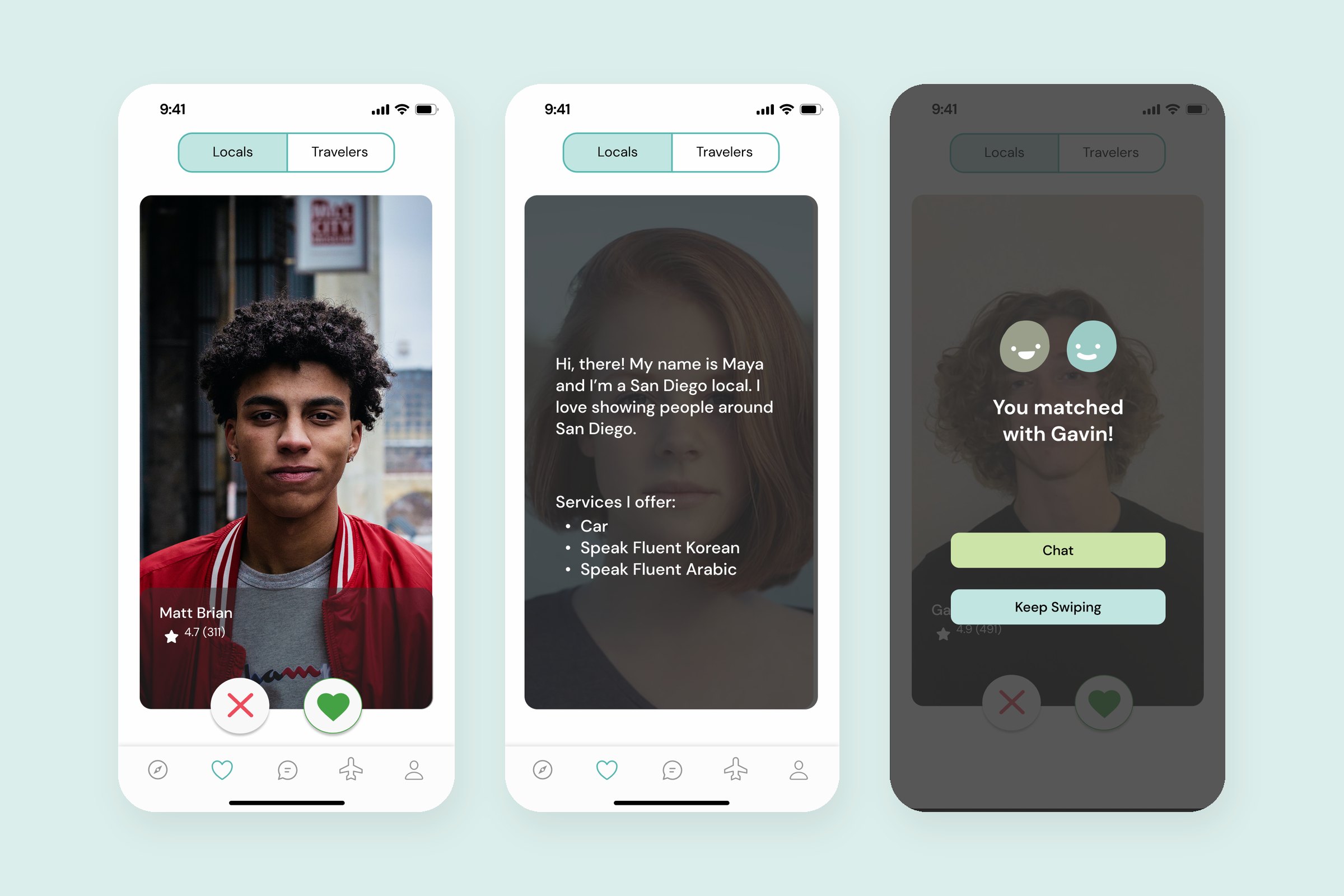 Local swipe card, local profile with services offered, and a You matched screen