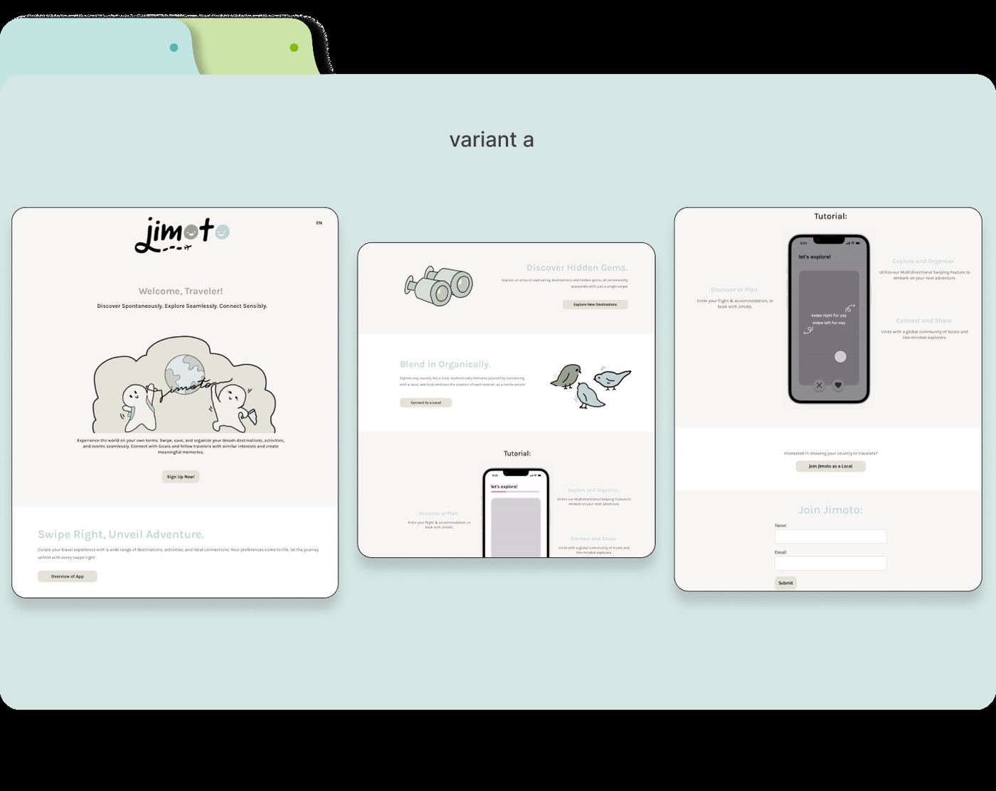 Landing page variant A: simplified overview of Jimoto