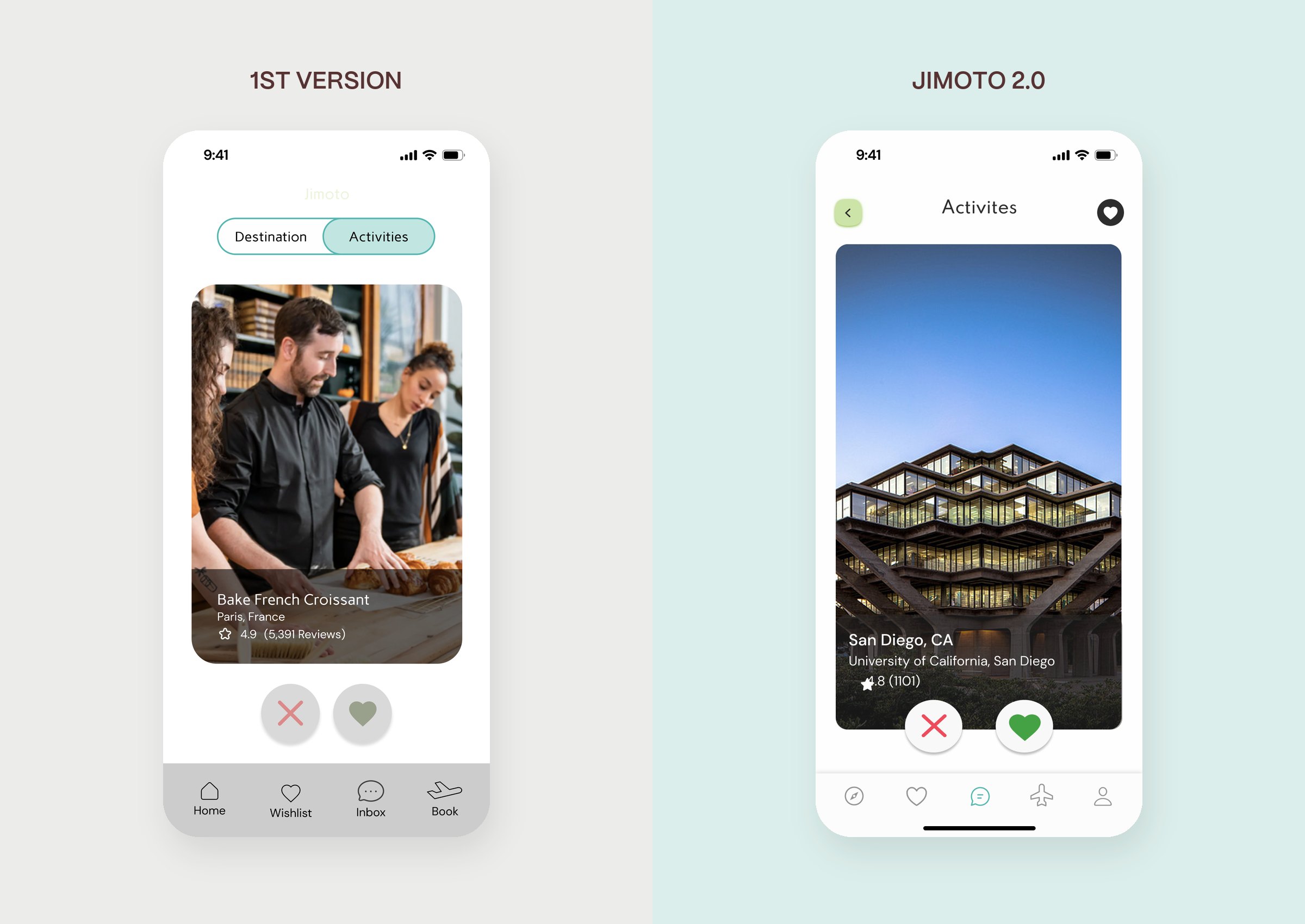 Activity swipe screen: 1st version next to Jimoto 2.0