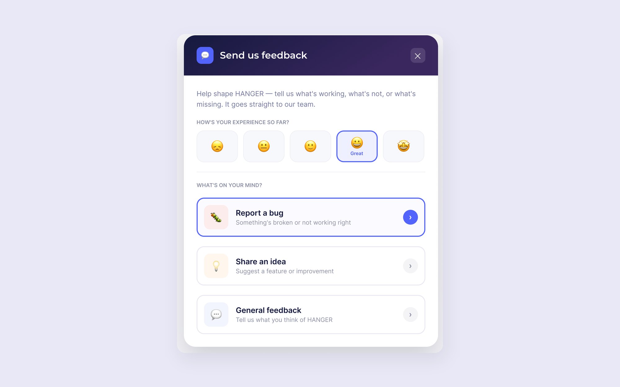 Send us feedback panel with an emoji rating and three paths: report a bug, share an idea, general feedback