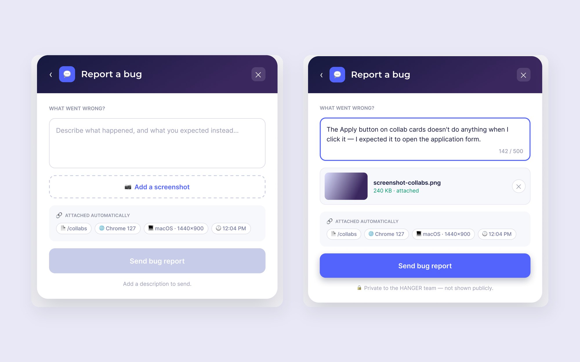 Report a bug form, empty and filled in with a screenshot and auto-attached page, browser, device, and time