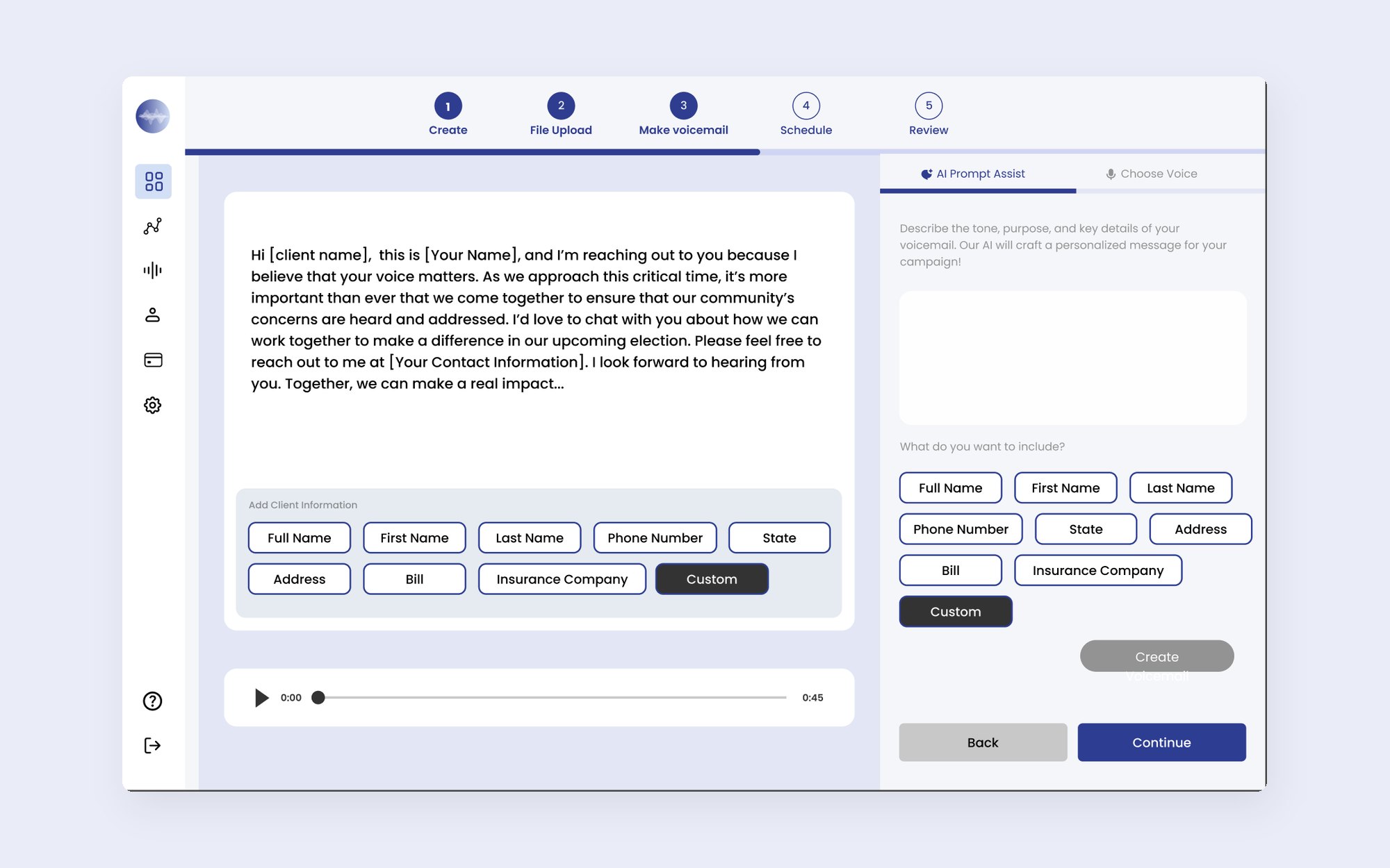 Step 3, Make Voicemail: editable AI-written script with personalization chips and AI Prompt Assist