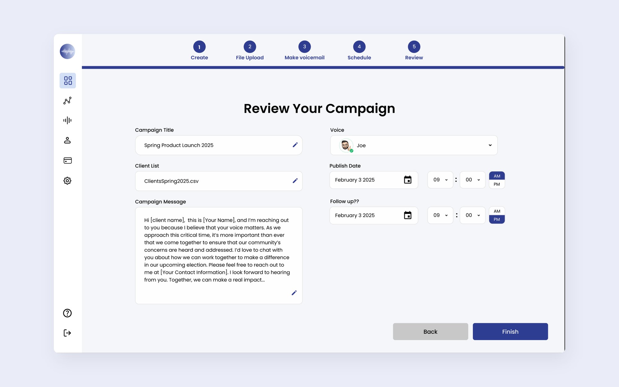 Step 5, Review: every campaign detail in one editable summary