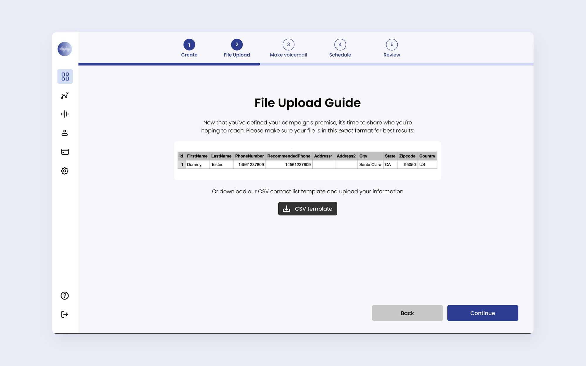 Step 2, File Upload: a guide showing the contact list format and a CSV template