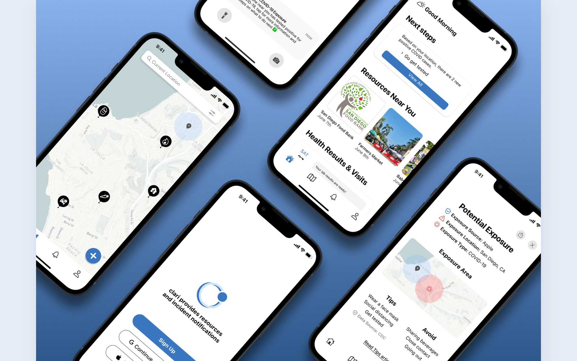 Clari app screens: map, alerts and nearby resources