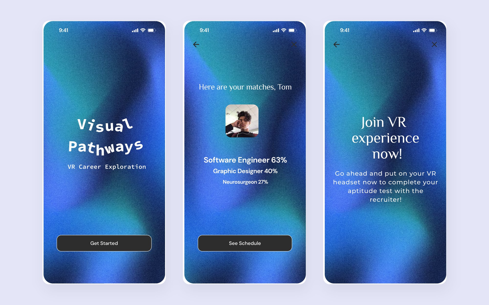Visual Pathways app screens: career quiz and VR experience