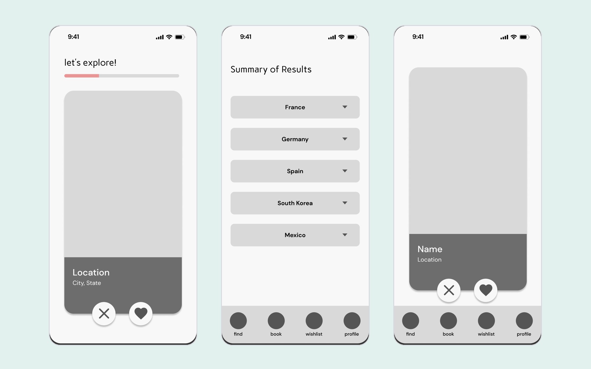 Lo-fi wireframes: explore destinations, summary of results, and swipe on locals