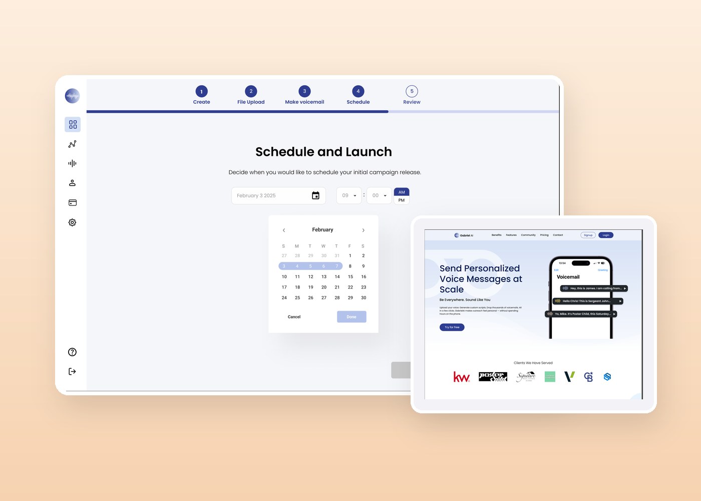 Gabriel AI campaign scheduling step and redesigned landing page