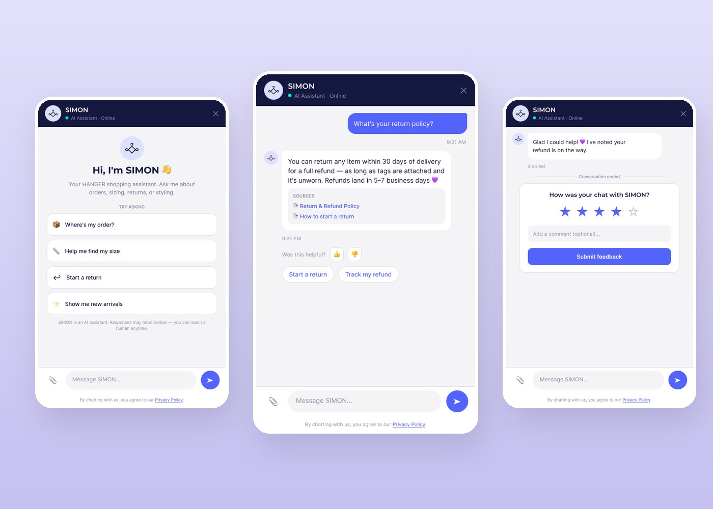 SIMON chat screens: welcome, an answer with sources, and a rating prompt
