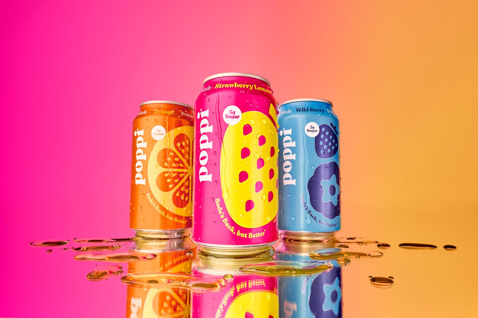 Three Poppi soda cans (Orange, Strawberry Lemon, Wild Berry) on a vibrant pink-orange background, highlighting the brand’s signature design.