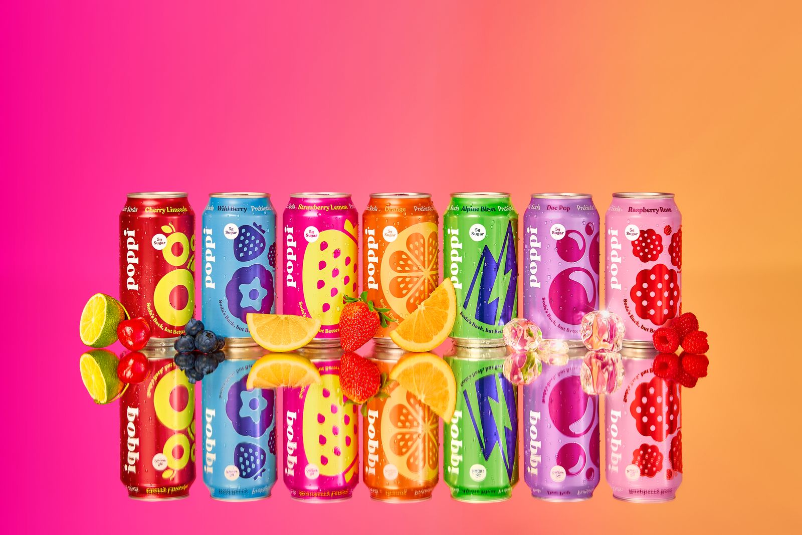 Lineup of seven Poppi soda cans with fruit and ice, showcasing flavors like Cherry Limeade, Raspberry Rose, and Doc Pop.
