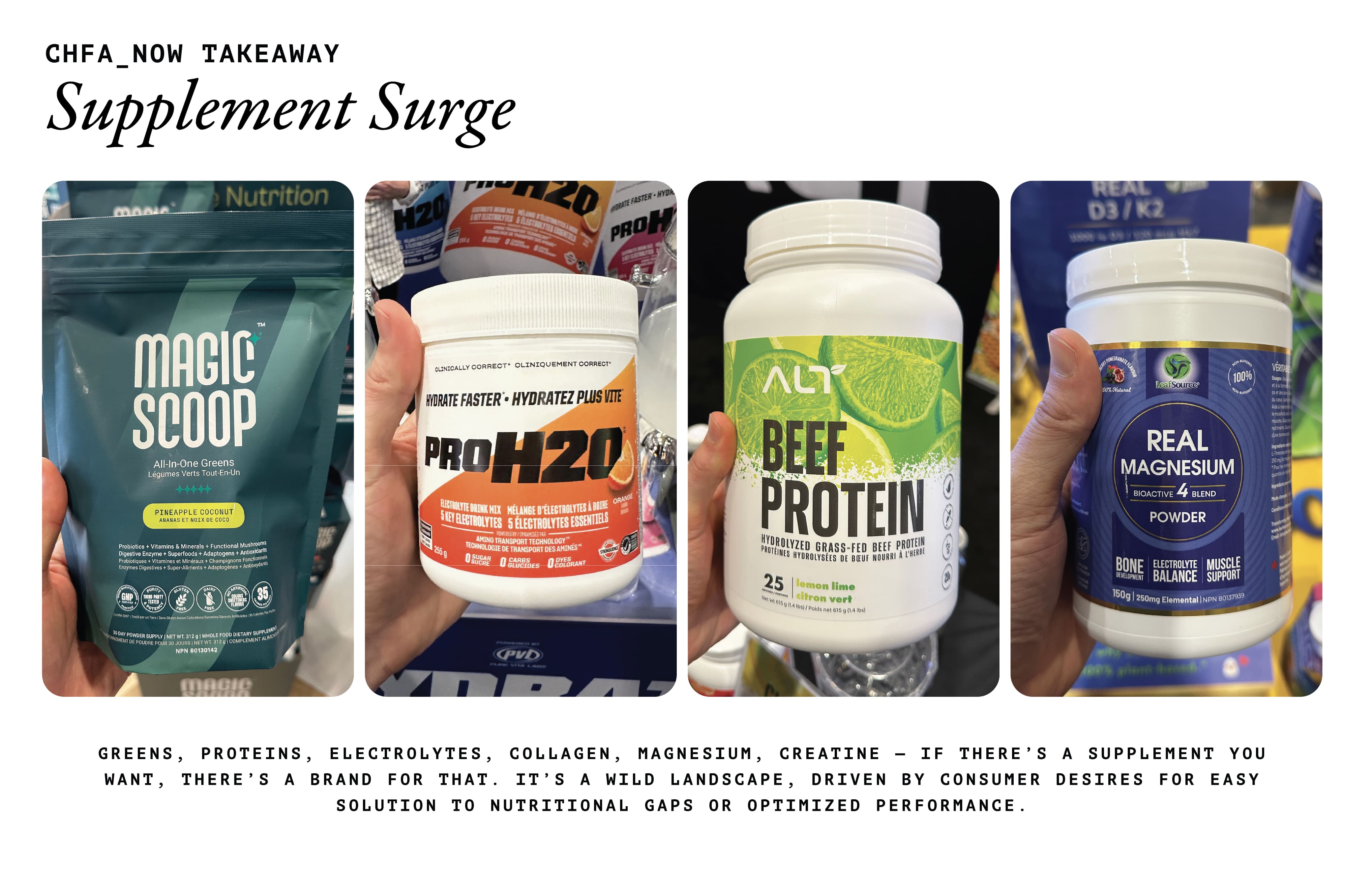 Magnesium, collagen, and trace mineral supplements at CHFA 2025.