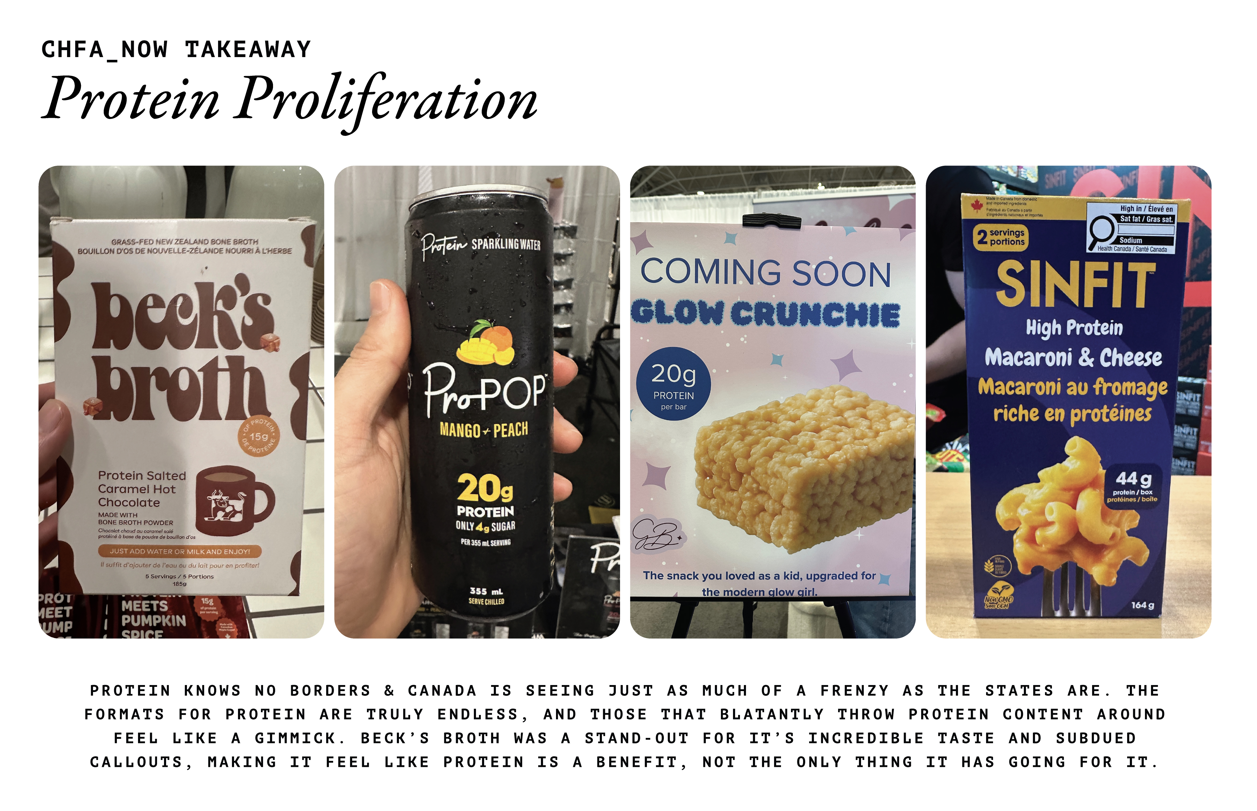 Protein-enhanced snacks and beverages displayed at CHFA 2025.