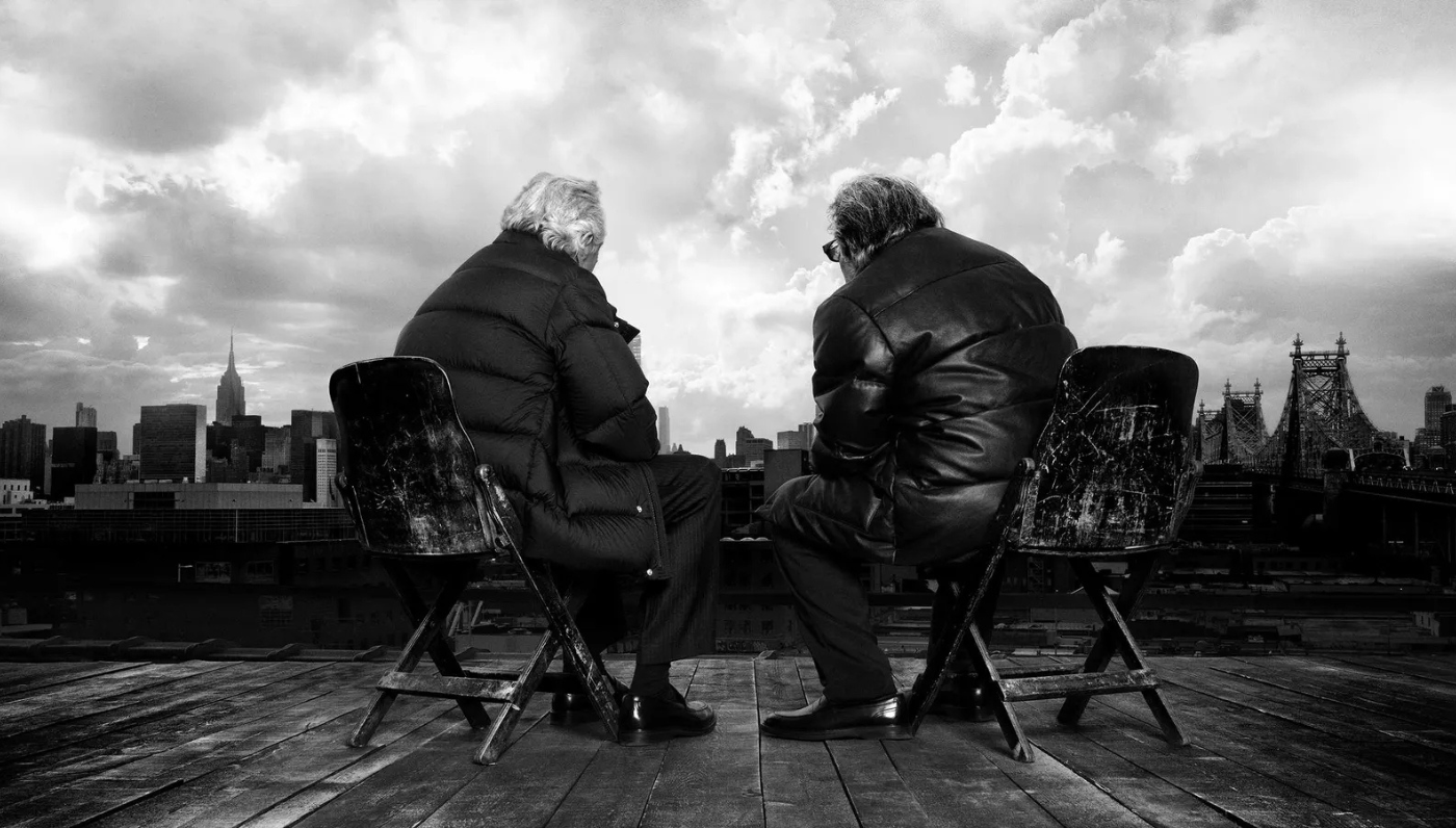 Moncler Warmer  together campaign. Al Pacino and De Niro sit and look over New York. Black and white.