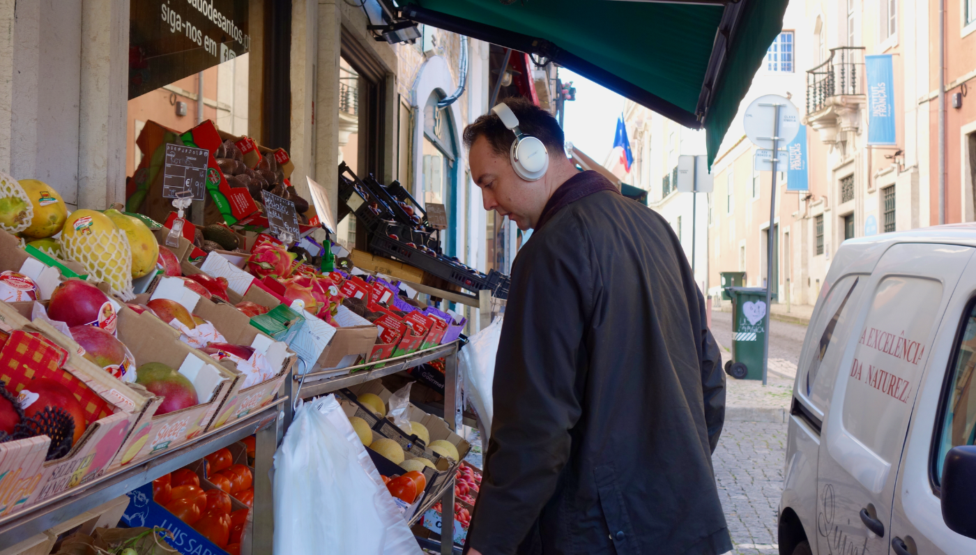 Bose’s QuietComfort Ultra 2 side on view as the model, in Lisbon is shopping. 