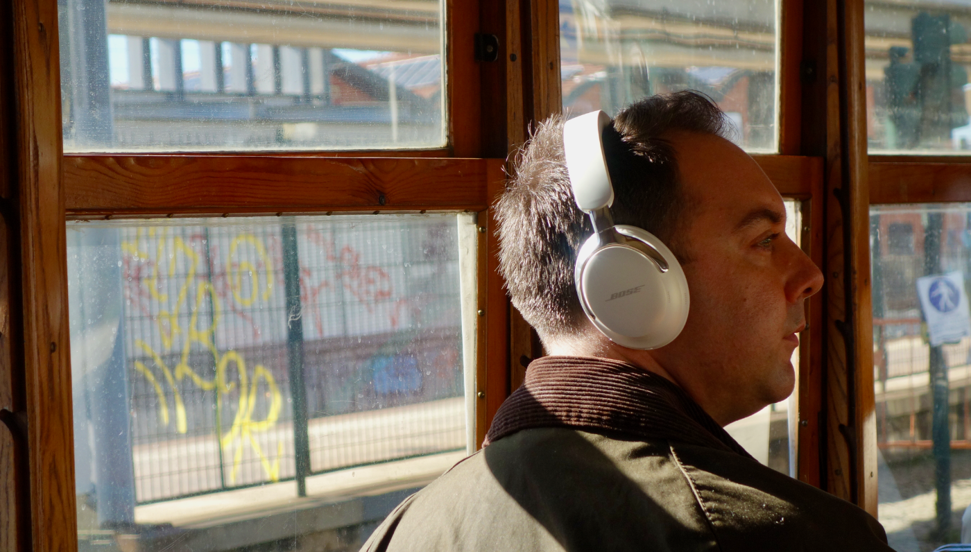 Bose’s QuietComfort Ultra 2 close up. Modelled on the classic Lisbon tram to Santos. 