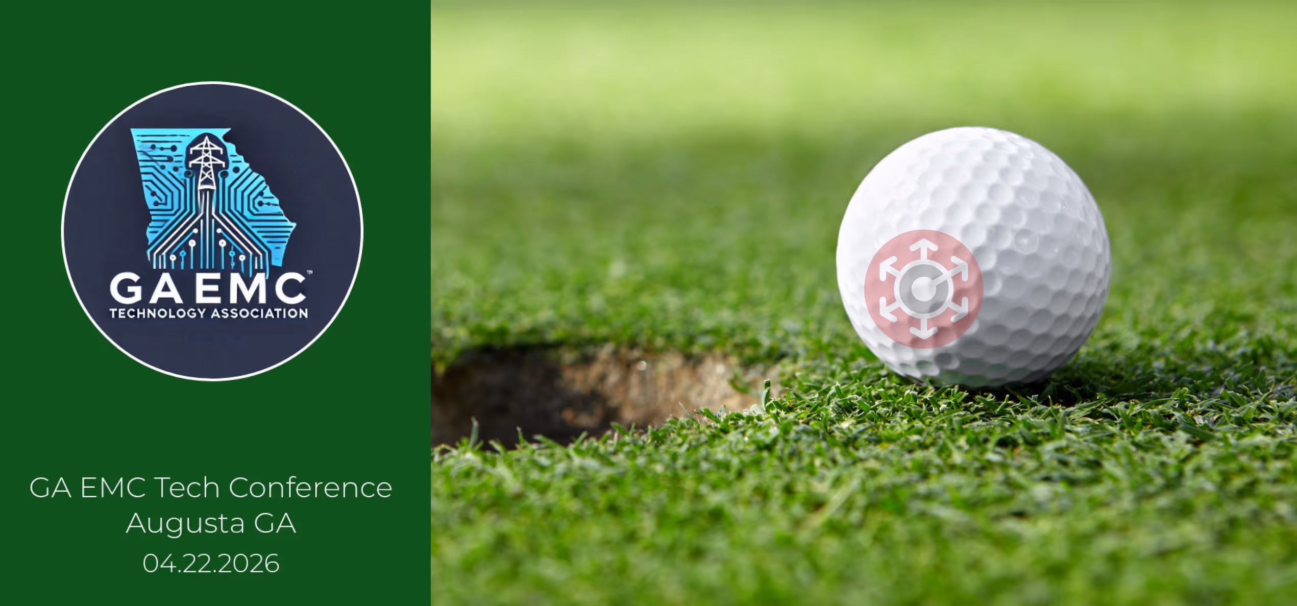 GA EMC Technology Association logo alongside a golf ball near a hole on green grass.