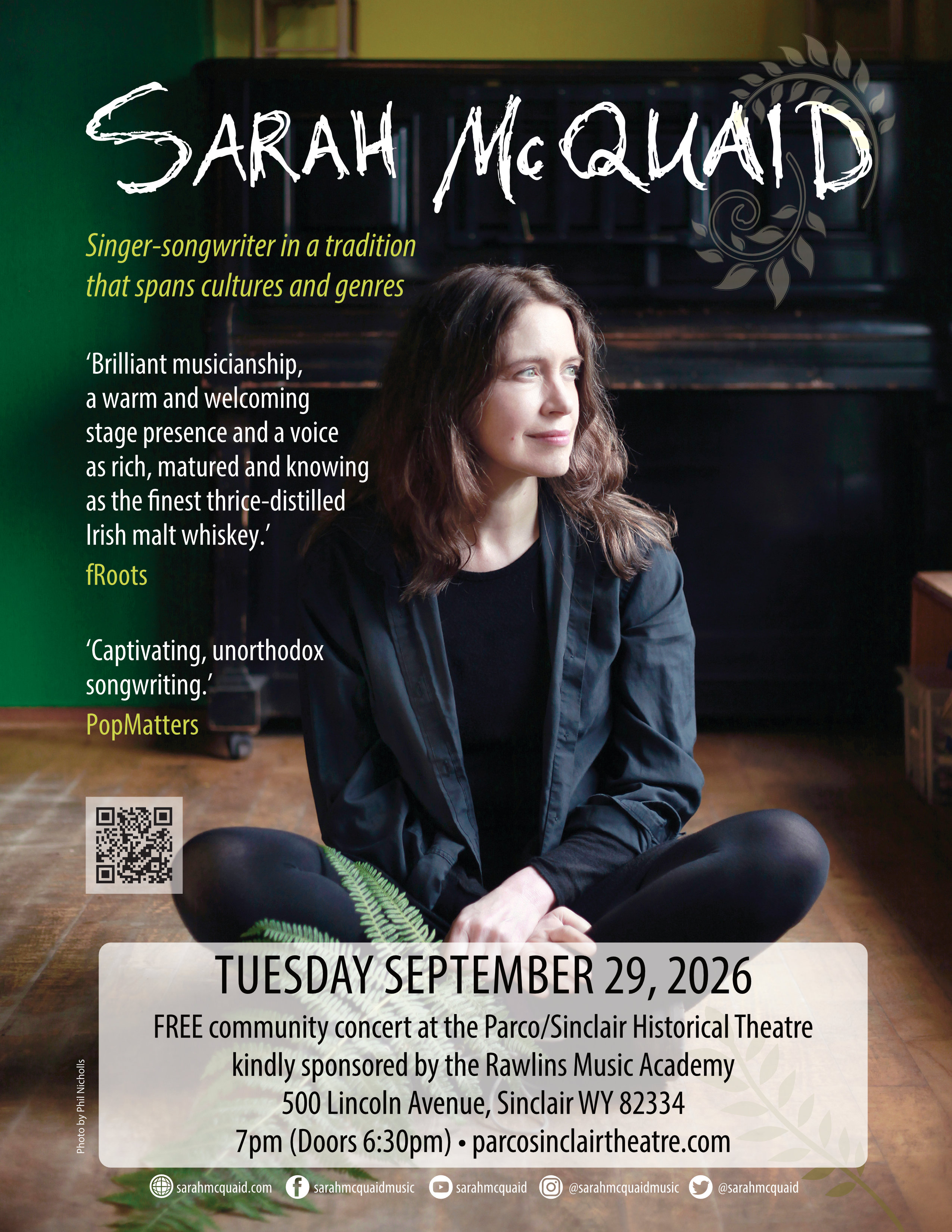 Free Concert - "SARAH MCQUAID" Tuesday, September 29th