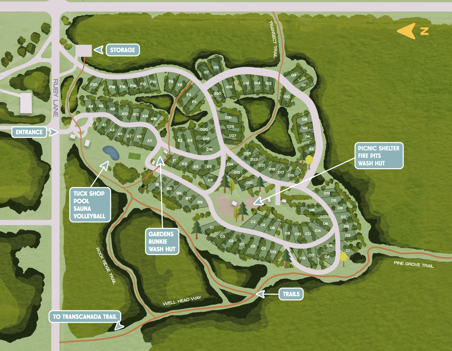 A rendered site plan of Base Camp 59 showing campsites nestled in a forested area alongside the Provincial Trunk Highway 59 and Ruby Lane. 