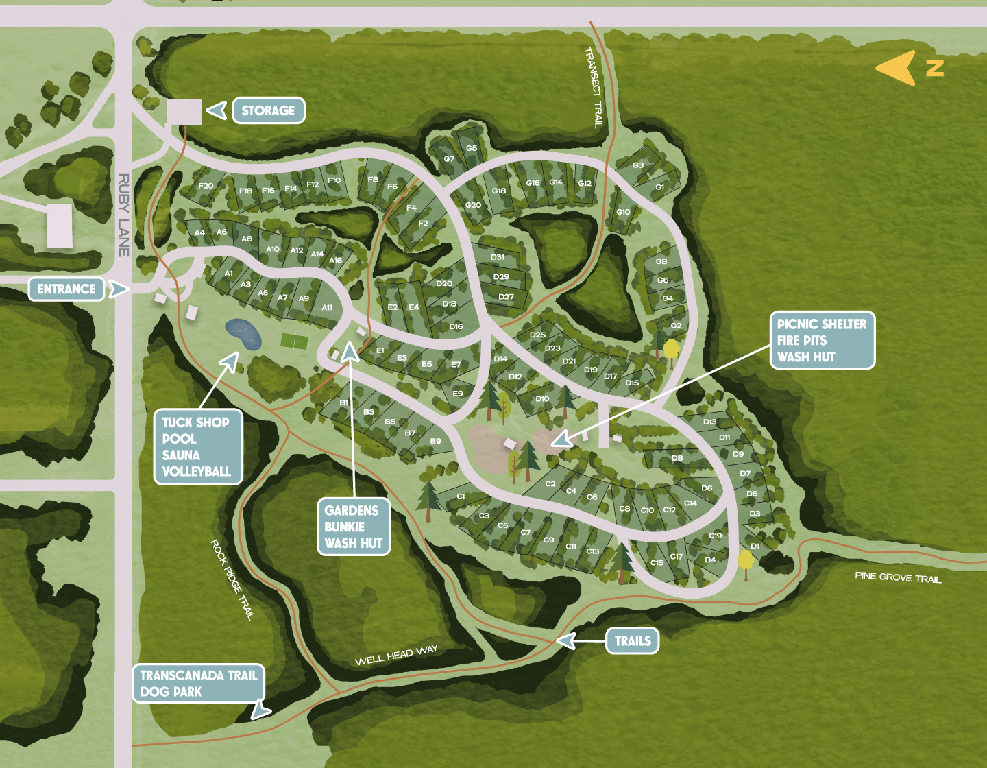 A rendered site plan of Base Camp 59 showing campsites nestled in a forested area alongside the Provincial Trunk Highway 59 and Ruby Lane. 