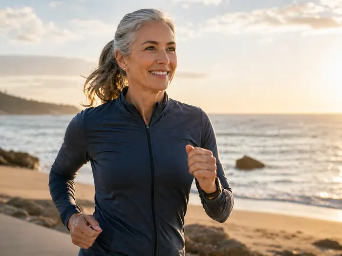 Concierge medicine helps this woman smiling middle-aged woman jogging on a beach at sunrise wearing a navy zip-up jacket.