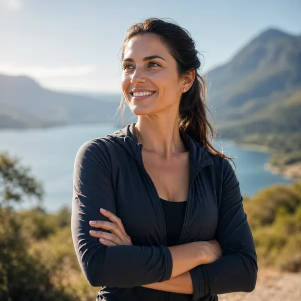 Smiling woman in black athletic jacket standing with arms crossed outdoors with a lake and mountains in the background after her concierge medicine consultation.