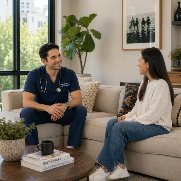 Dr. Kaveh in navy scrubs speaking with a female patient on a beige couch in a bright, modern living room discussing her longevity and primary care goals.