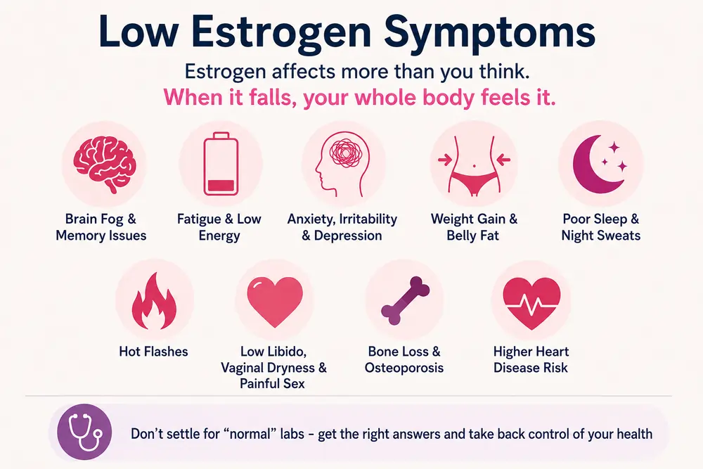 an infographic explaining the signs and symptoms of low estrogen, including fatigue, weight gain, depression, and bone loss