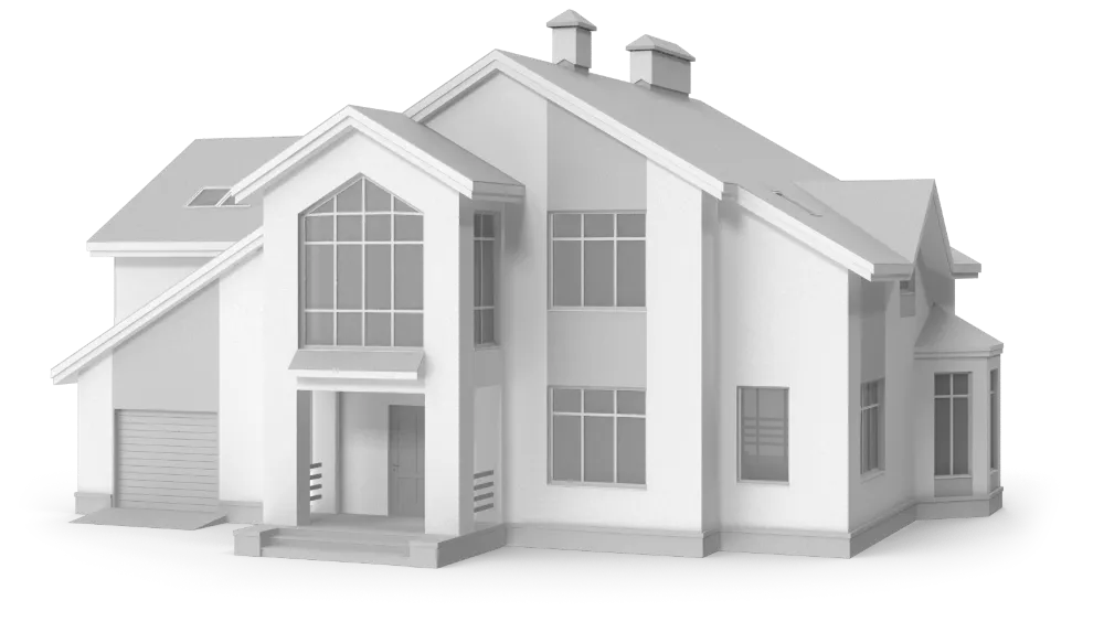 3D model of a two-story modern house with large windows, a front porch, and an attached garage.