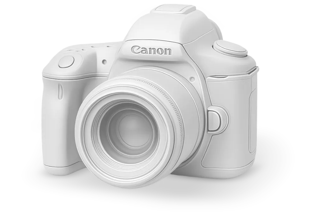 White Canon DSLR camera with a prominent lens on a gray background.